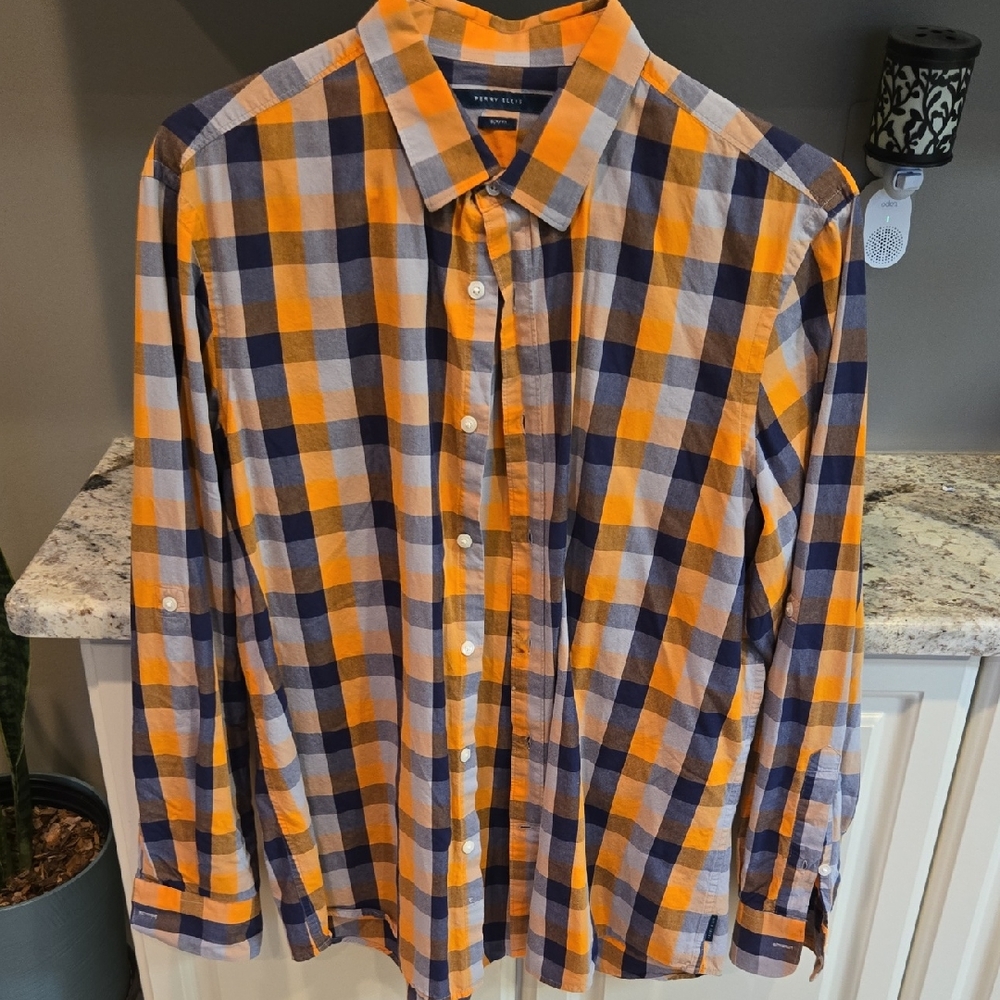 Perry Ellis Men’s Orange & Navy Plaid Button-Down Slim Fit Shirt XL 100% Cotton